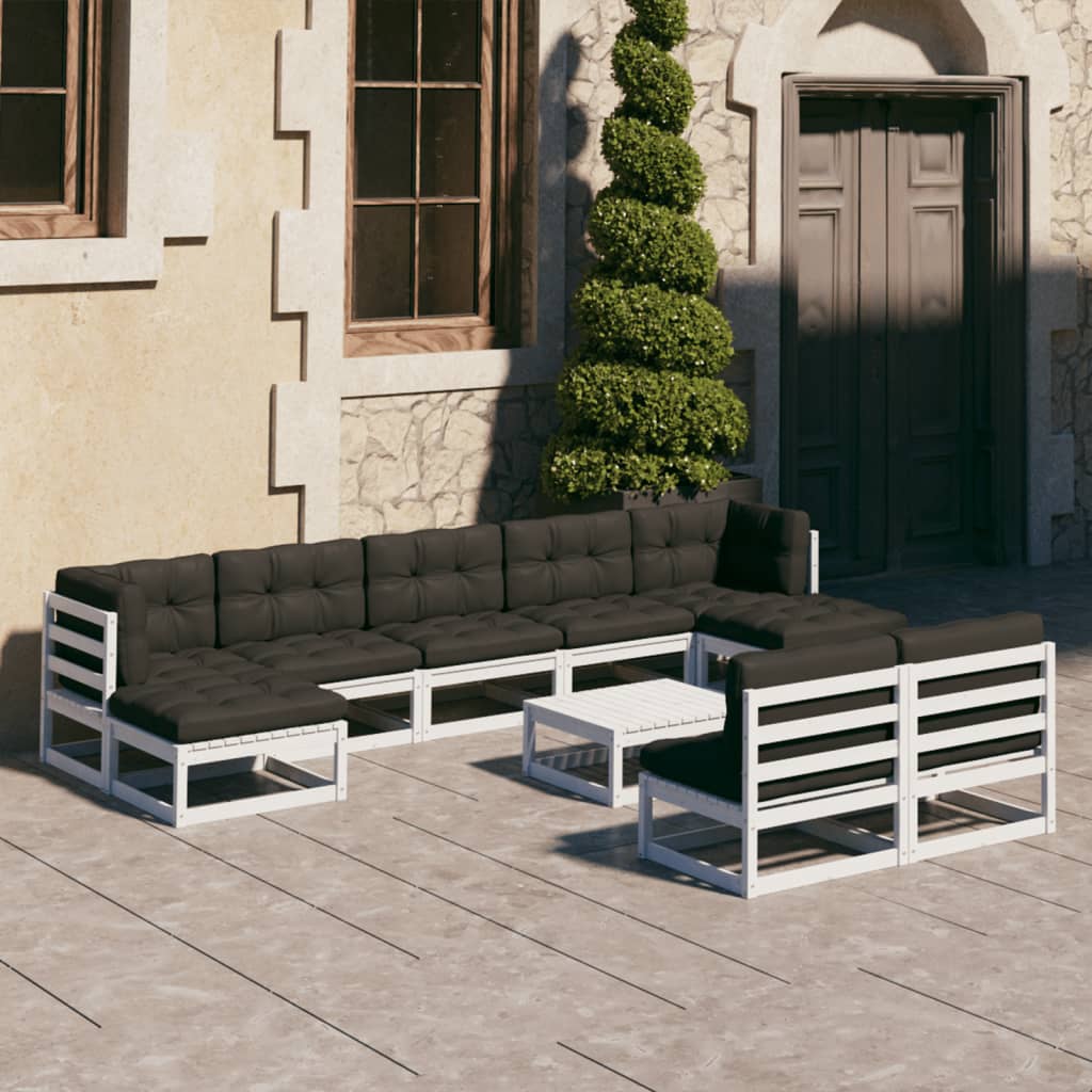 10-tlg. Garten-Lounge-Set mit Kissen Weiss Kiefer Massivholz
